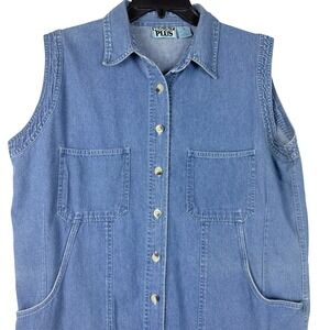 Proudly Plus Womens 1X Blue Denim Sleeveless Button Front Shirt Dress Pockets